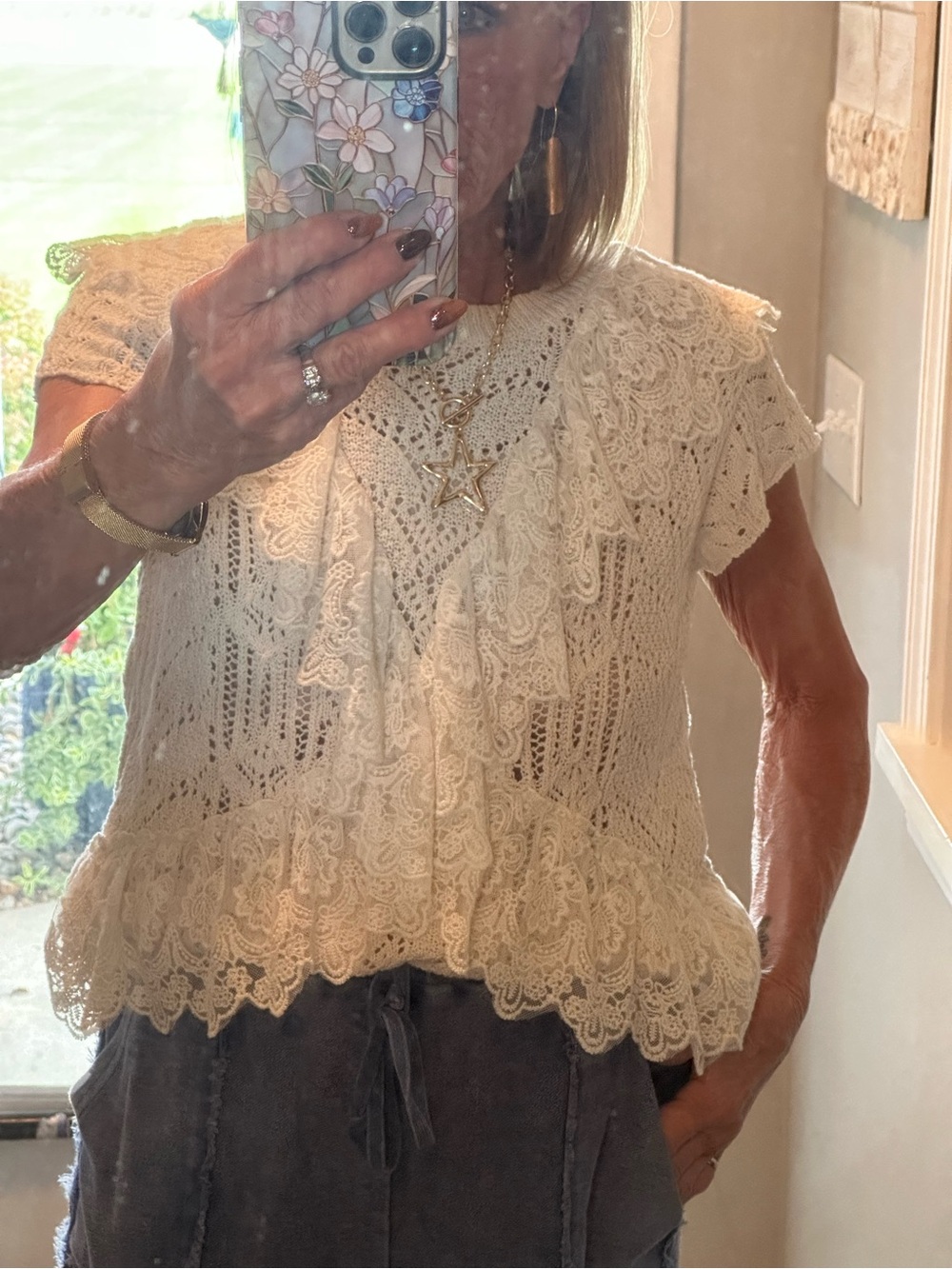 Mustard Seed Cream Lace-Trim Knit Top